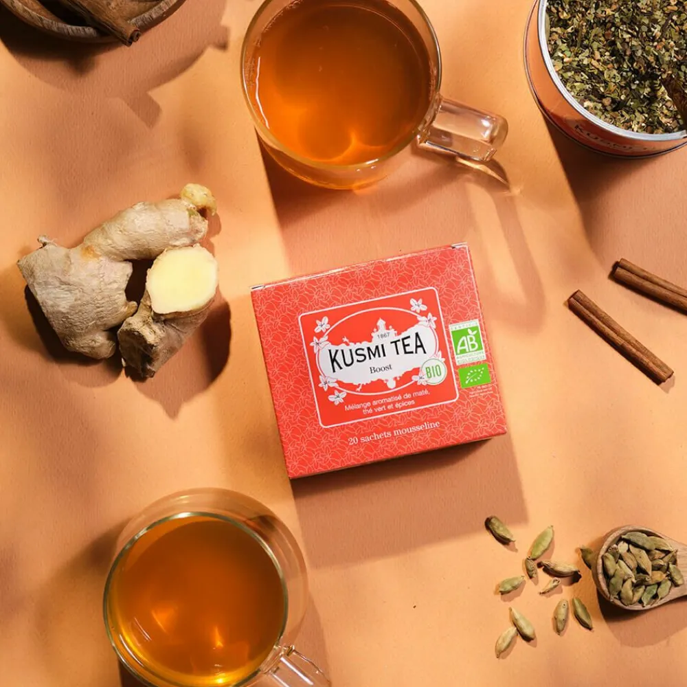 Kusmi Tea Boost Thé vert bio, maté bio, gingembre< Thé Vert