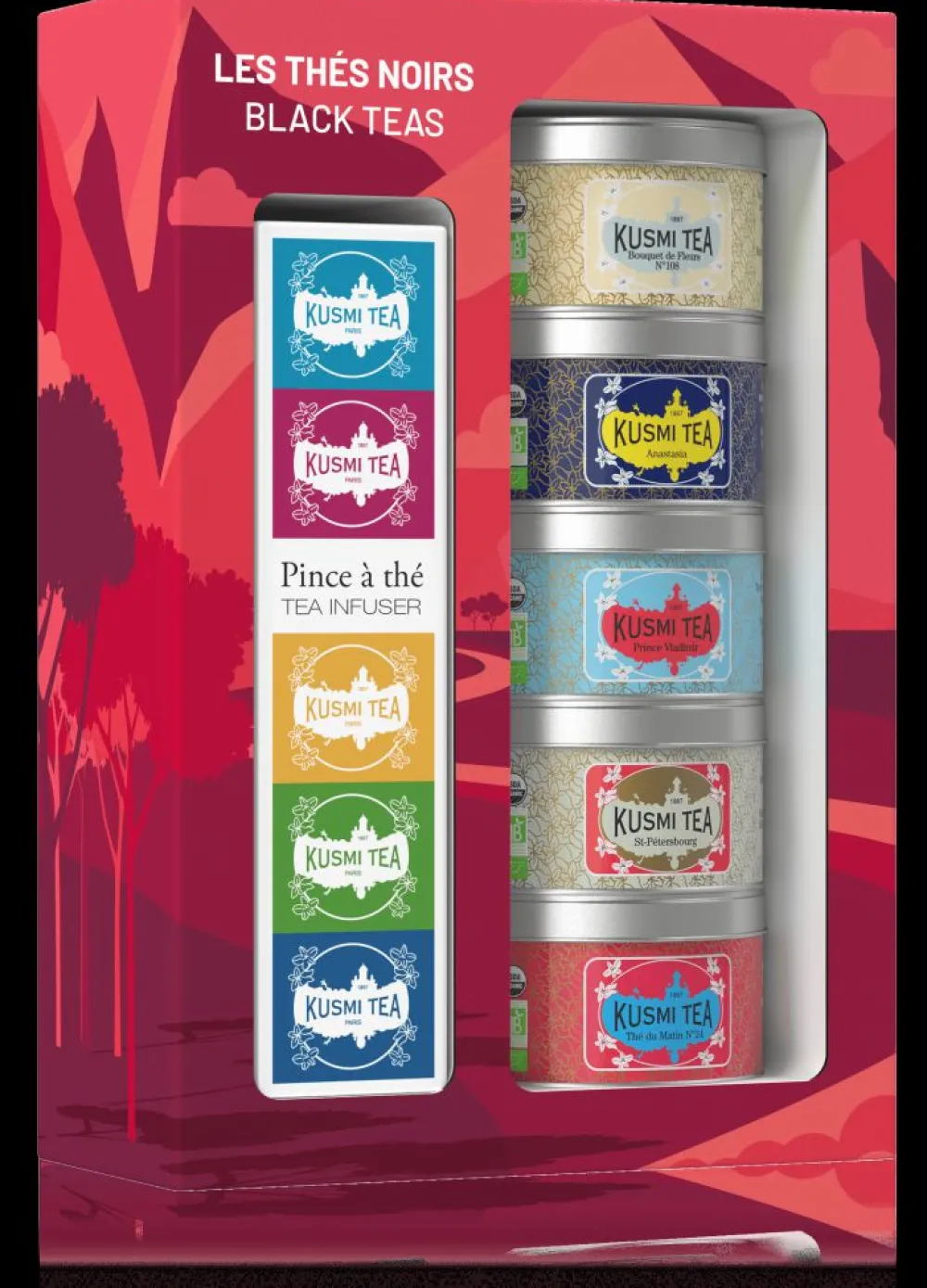 Kusmi Tea Coffret Les Thés Noirs bio avec une pince à thé Earl grey, thé en vrac< Coffrets